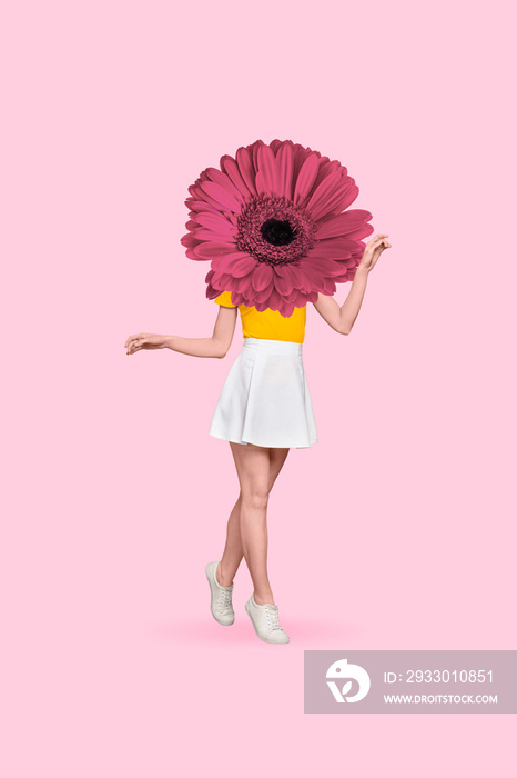 Creative abstract template graphics image of girl pink flower instead of head walking wear mini skirt isolated pink color background