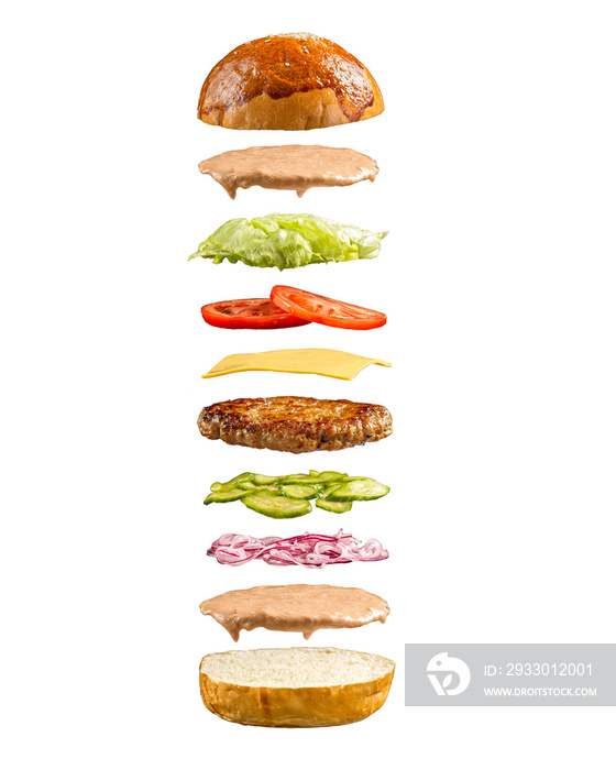 Isolated floating ham burger ingredients on the white background