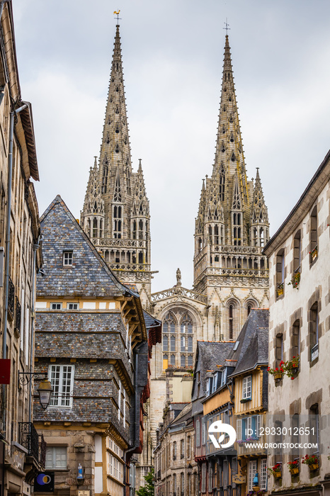 Old houses and cathedral in Quimper, Brittany, France