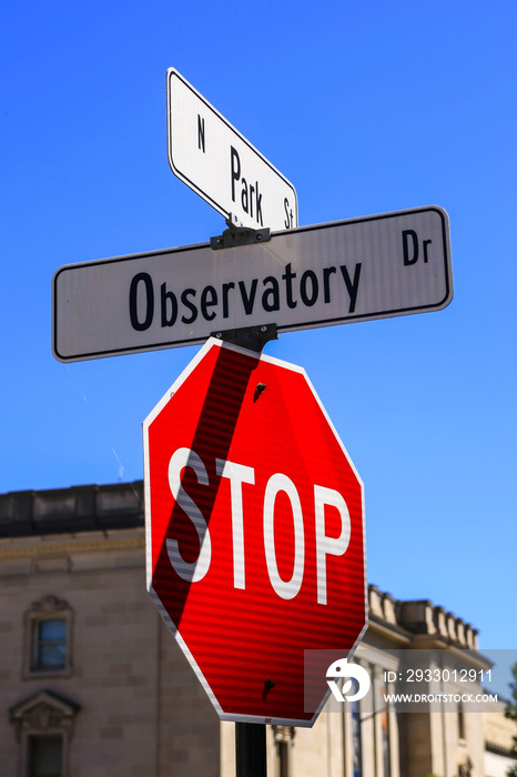 Stop sign at Park and Observatory Dr’s in Madison WI, USA