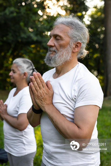 Senior couple is practicing meditation in the park