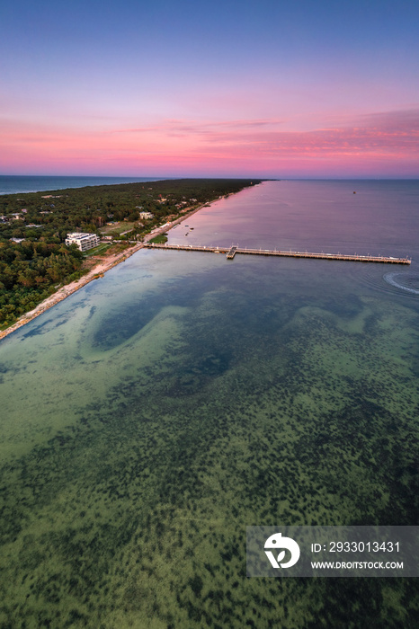 Summer view from the air of the Hel Peninsula, a calm and nice landscape over Jurata village.