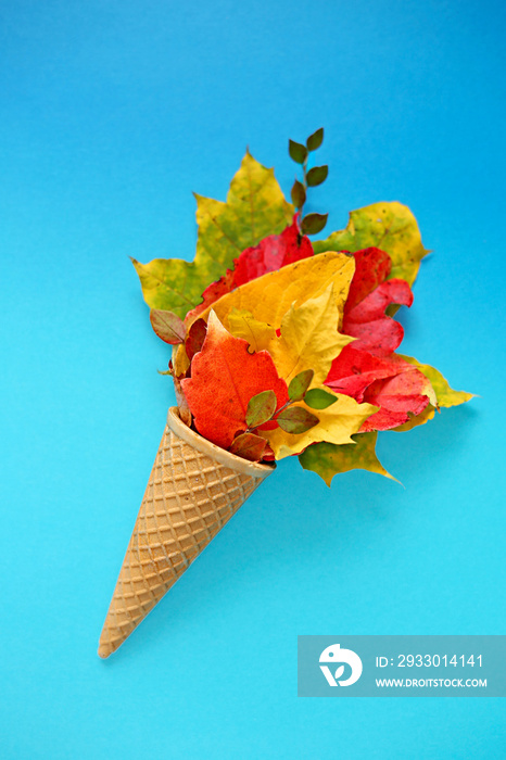 creative layout . Autumn ice cream with  leaves In a waffle cup on a blue gradient background. Autumn concept. Ice cream cone with autumn leaves. Flat lay.