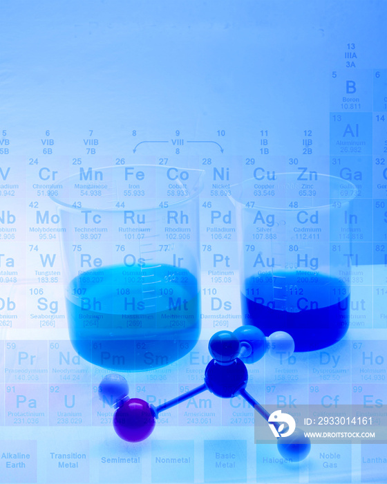 Periodic table of atomic elements with beakers and a molecular model.