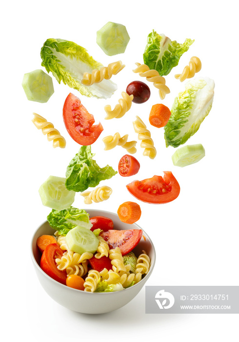 Pasta salad flying in bold, healthy food,