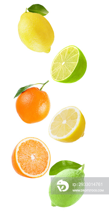 Flying orange, lime and lemon isolated on white background