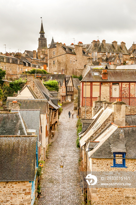 Medieval Rue du Jerzual in historic Dinan, Brittany, France