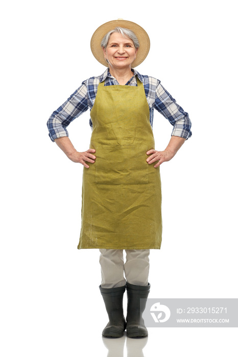 gardening, farming and old people concept - portrait of smiling senior woman in green garden apron, straw hat and rubber boots over white background