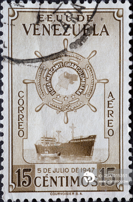 Venezuela - circa 1948: a postage stamp from Venezuela, showing an ocean cargo ship Founding of the Grand Colombian Merchant Fleet