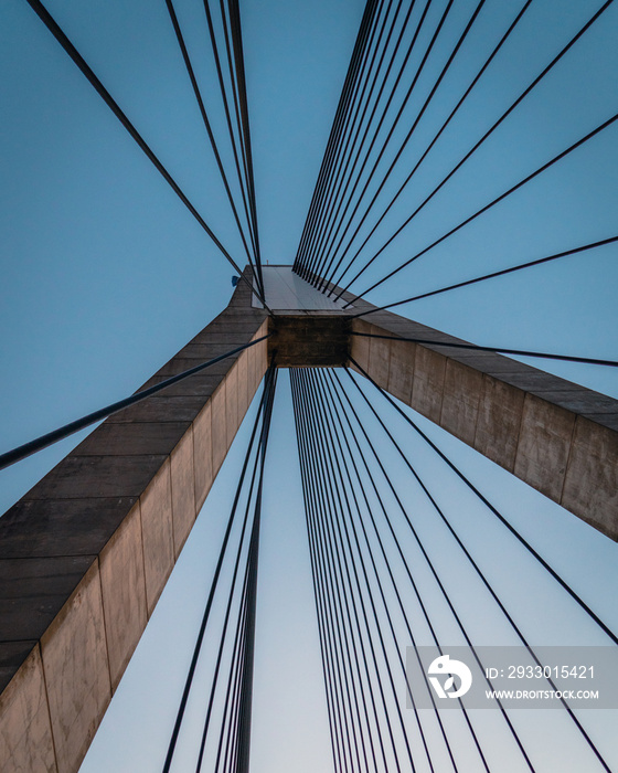 View of a pylon with attached cables holding up a cable suspended bridge.