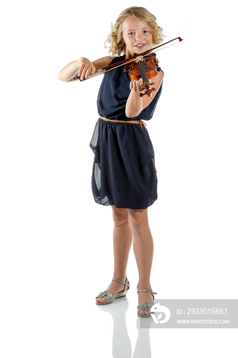 Girl playing a violin on white background