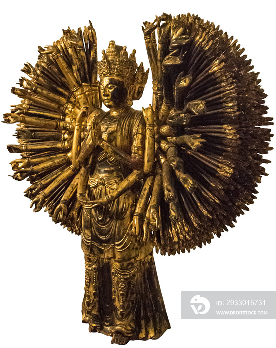 Isolated PNG cutout of a golden Bodhisattva Avalokiteśvara, statue of Buddha with a thousand arms and a thousand eyes on a transparent background