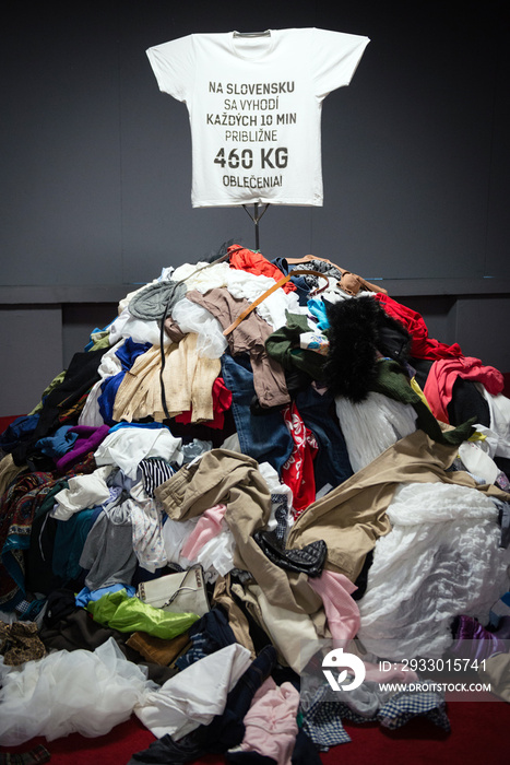 Installation of Pile of old worn clothes during Fashion revolution week. Approximately 460 kgs of clothes is thrown away every 10 minutes in Slovakia