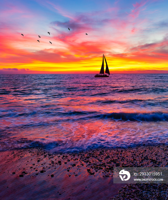 Sunset Ocean Sailboat Vertical