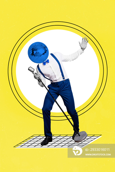 Vertical collage picture of singer performer guy disco ball instead head vintage microphone isolated on drawing yellow background
