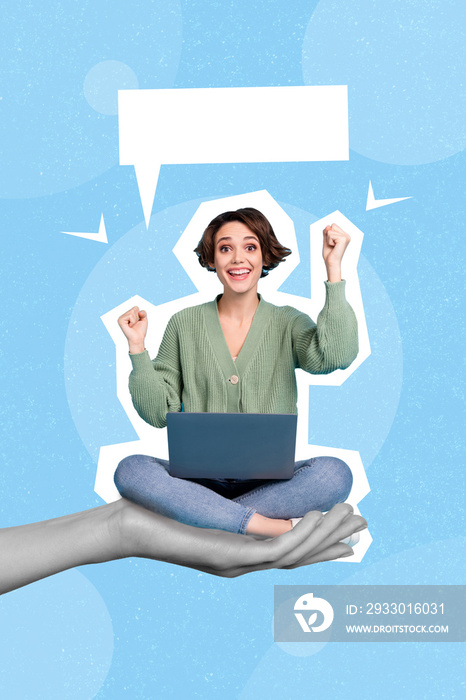 Vertical composite collage portrait of excited satisfied delighted girl sitting big arm raise fists celebrate luck use netbook