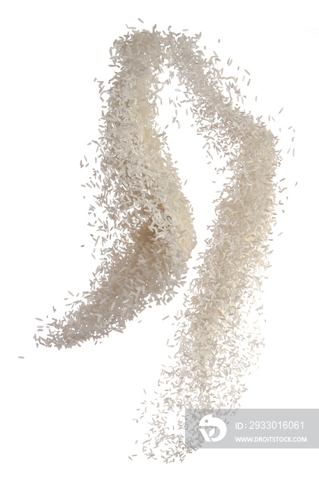 Raw white rice explosion isolated on white,Motion blur