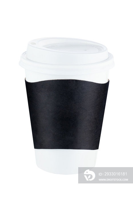 Takeaway white paper coffee cup with black sleeve isolated on white.  Full Depth of field. Focus stacking. PNG