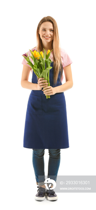 Female florist with bouquet on white background