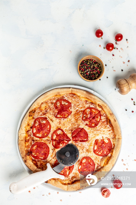 hand taking slices of pizza margherita. Pizza margarita and hand close up. Food recipe background