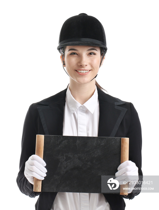 Female jockey with blank chalkboard on white background