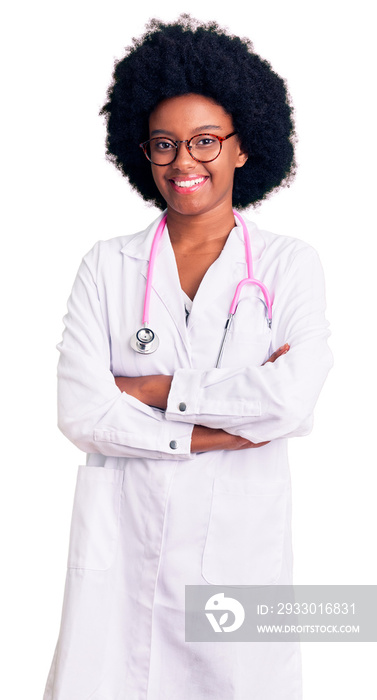 Young african american woman wearing doctor coat and stethoscope happy face smiling with crossed arms looking at the camera. positive person.