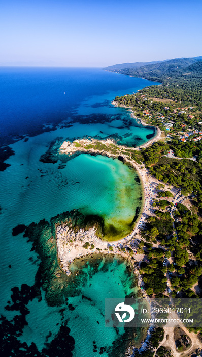 Aerial view of the beautiful Karidi beach in the Vourvourou of Chalkidiki