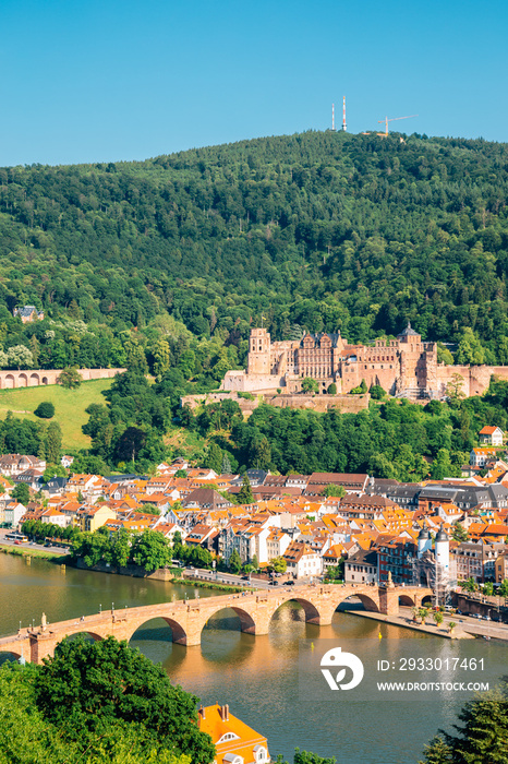 Heidelberg castle and old town panorama view from Philosopher’s walk in Heidelberg, Germany