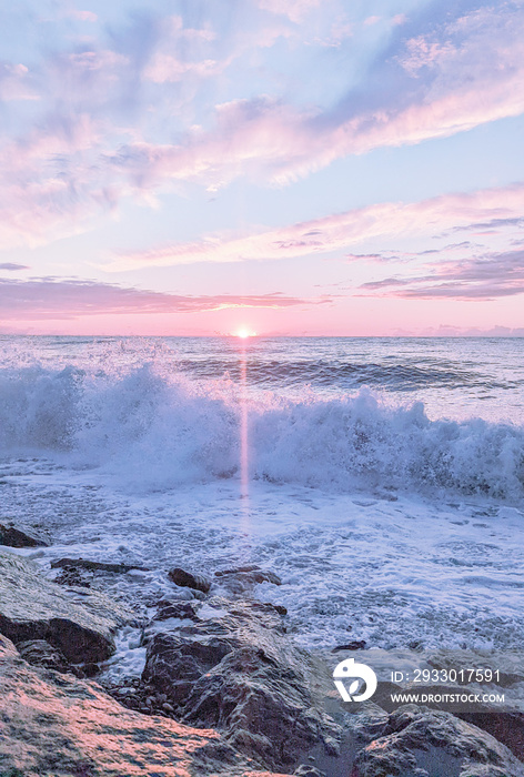 Romantic colorful sunlight with soft blue, pink, and dramatic nature background. Peaceful evening sky in Batumi, Black sea.