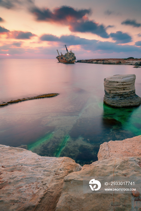 Abandoned ship Edro III near Paphos beach. Shipwreck Cyprus island
