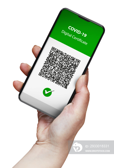 Green pass covid-19 vaccination concept. Hand holds smartphone with qr code digital vaccine certificate on screen. isolated on white background.