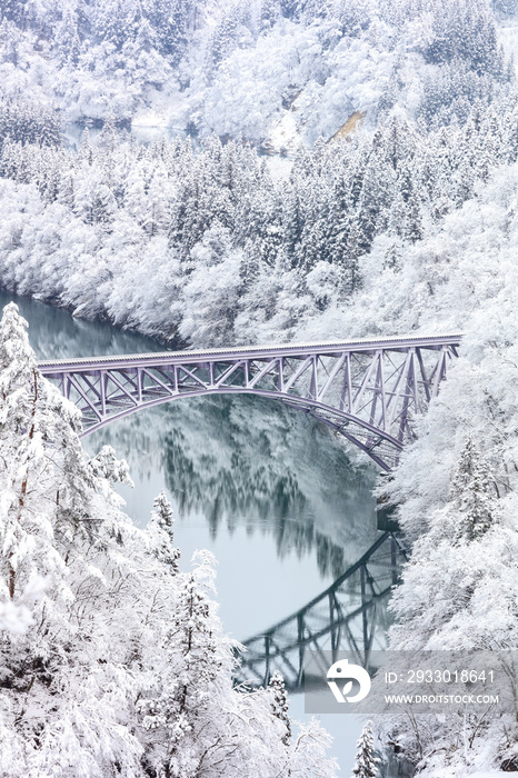 Bridge on a river with snow mountain, Fukushima.