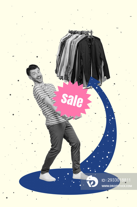 Vertical collage image of excited funky black white effect guy arms hold showing sale limited time deal isolated on drawing background