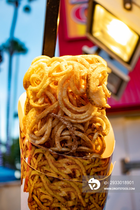 Cone of Curly Fries on Display at a Food Stall at the San Diego County Fair, California, USA