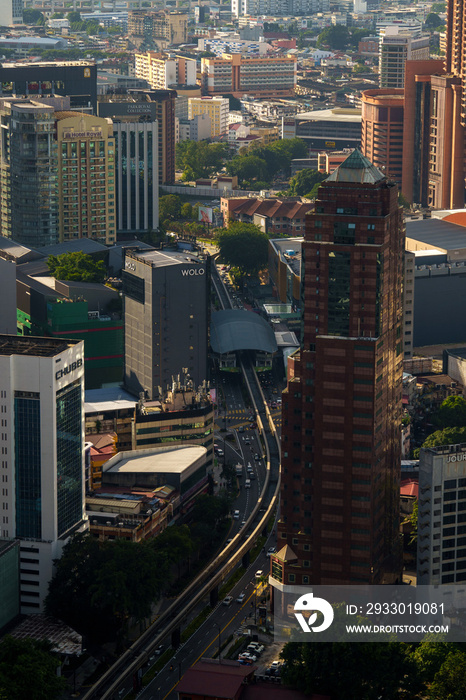 View from monorail station at Bukit Bintang in Kuala Lumpur. The station is a shopping hub in the Kuala Lumpur Golden Triangle commercial district.