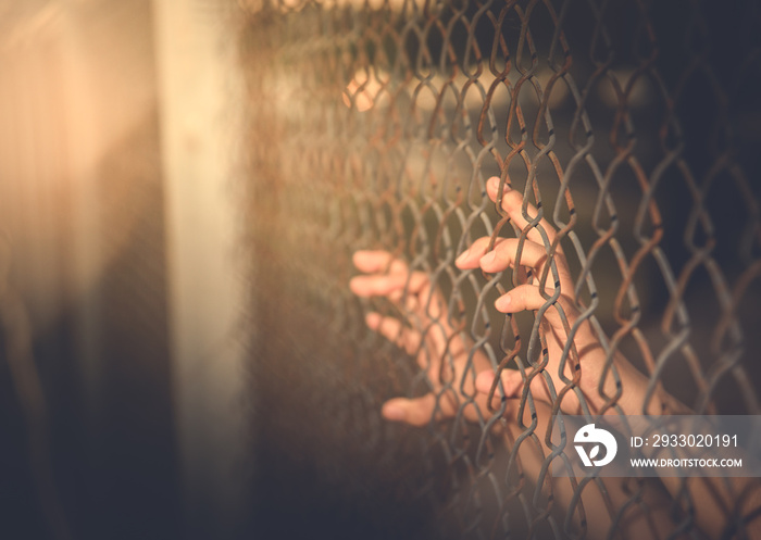 Hand holding on chain link fence , vintage