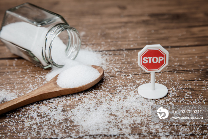 Stop sign on the sugar, warned that the sugar too much will make unhealthy nutrition, obesity, diabetes, dental care and much more.