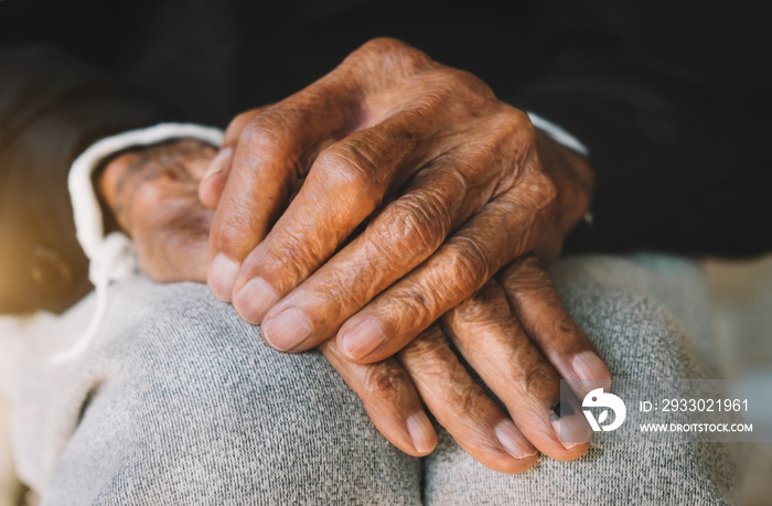 Close up of male wrinkled hands, old man is wearing