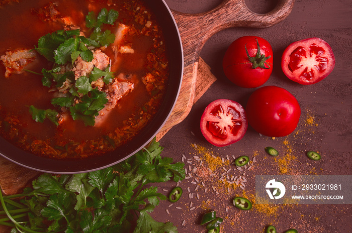 Kharcho soup, traditional Georgian dish, spicy soup, red, homemade, no people,