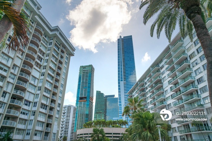 Miami, Florida luxury residences under the bright clouds in the sky