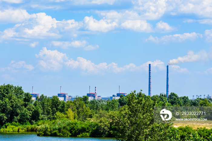 Smoke pipes and buildings of Zaporizhzhia Nuclear Power Station near the city Enerhodar, Ukraine