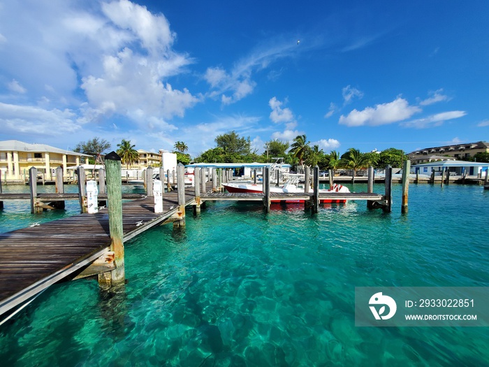 Bimini Blue Water Marina on North Bimini, Bahamas on sunny summer morning.