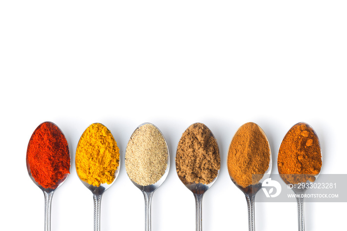 Various spices in spoons.