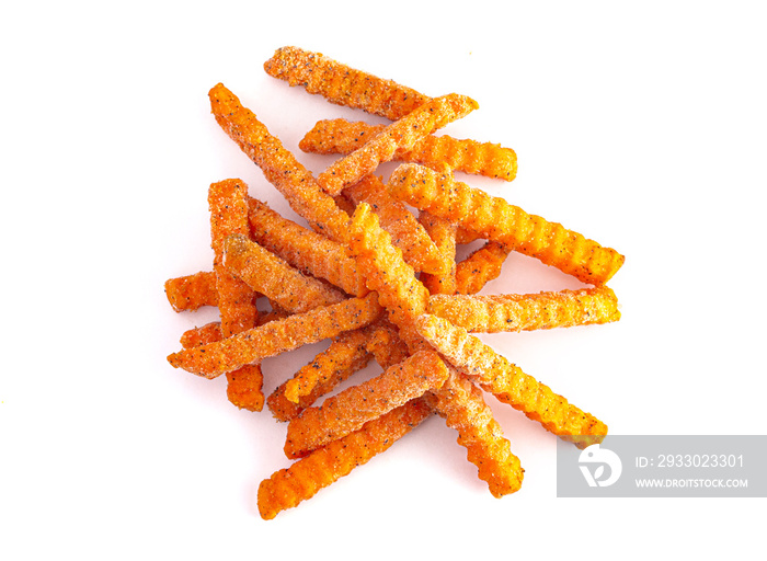 Frozen Crinkled Sweet Potato Fries on a White Background