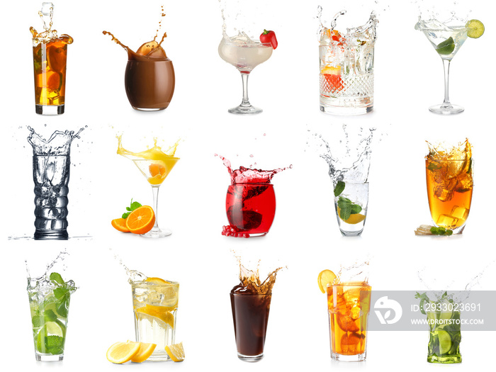 Set of different drinks with splashes isolated on white