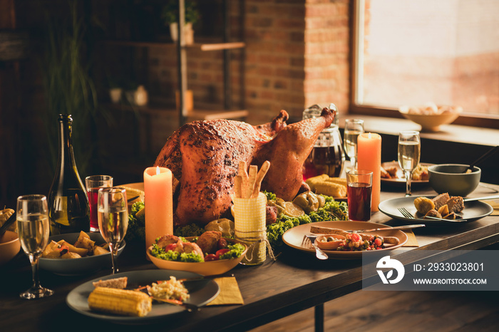 Closeup photo of big baked roast stuffed turkey salad fruit decor plates garnish grissini bottle golden wine clean leftovers yellow napkin two candles in living room without people indoors