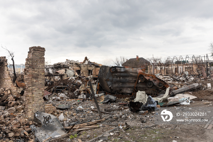 War in Ukraine. Destroyed Russian military equipment in Bucha, Ukraine