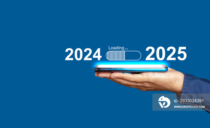 Countdown to 2025 concept. The virtual download bar with loading progress bar for New Year’s Eve and changing the year 2024 to 2025