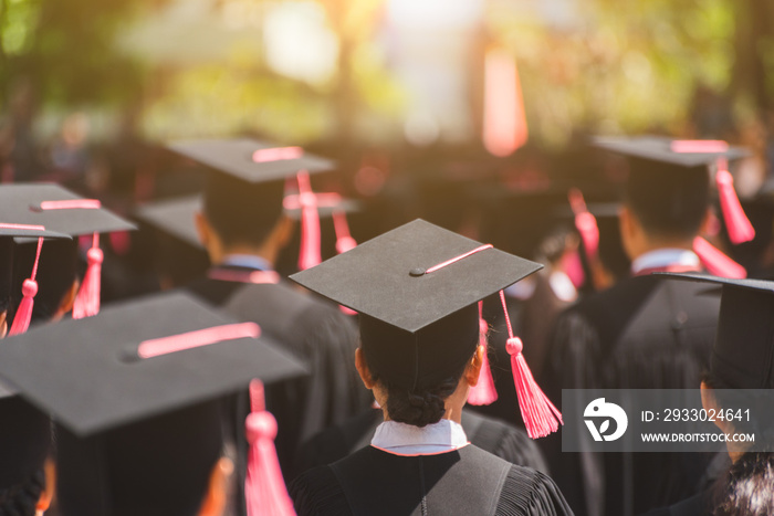 Shot of graduation hats during commencement success graduates of the university, Education congratulation in University.