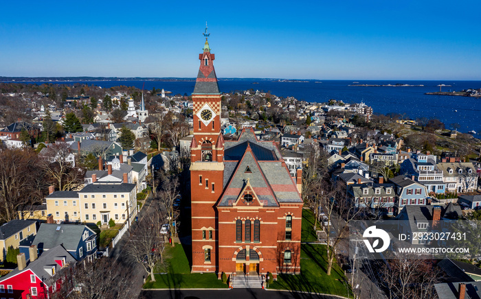 Aerial of church in Marblehead, Massachusetts